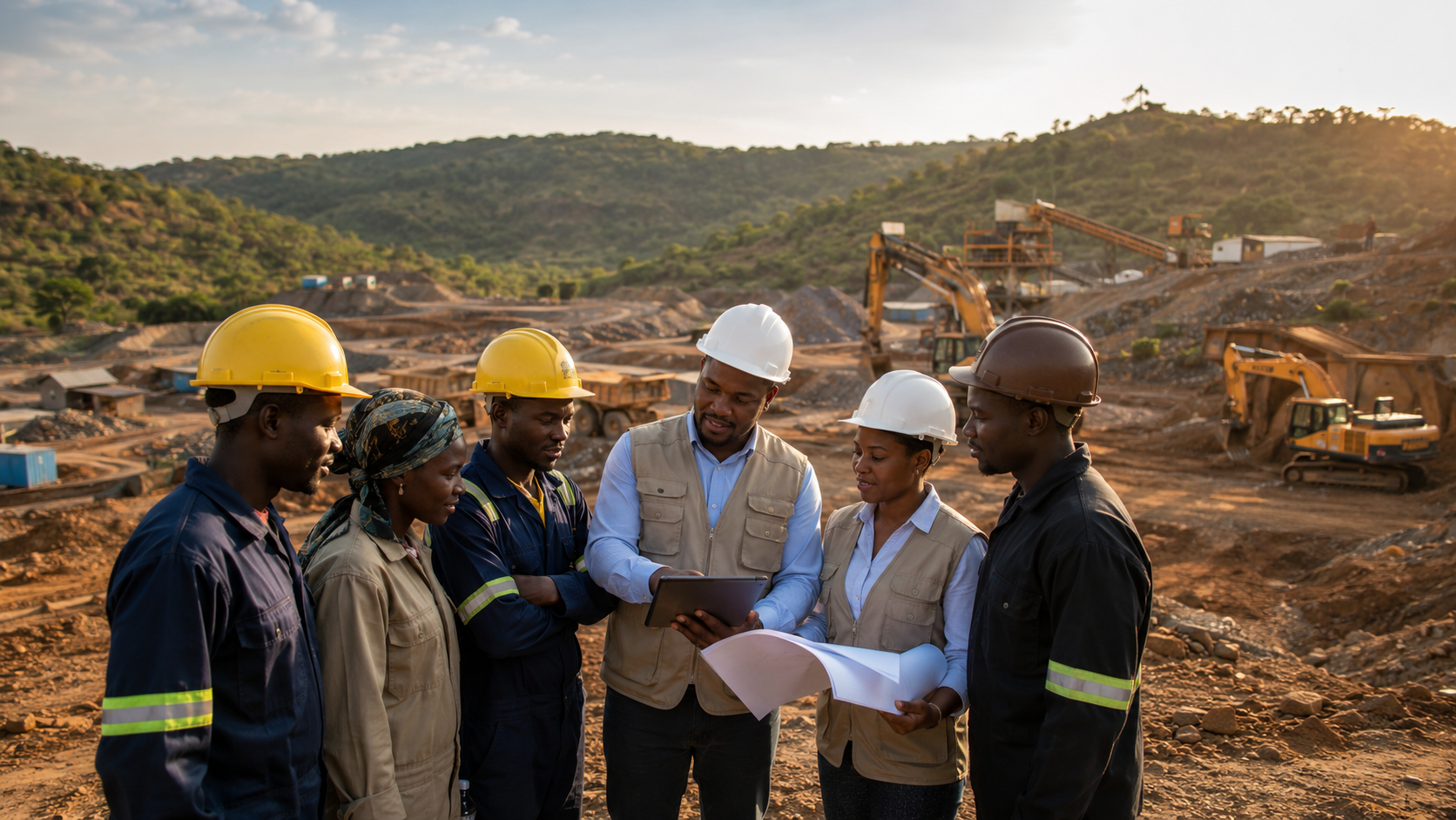African miners and advisors reviewing plans at a responsible mining site